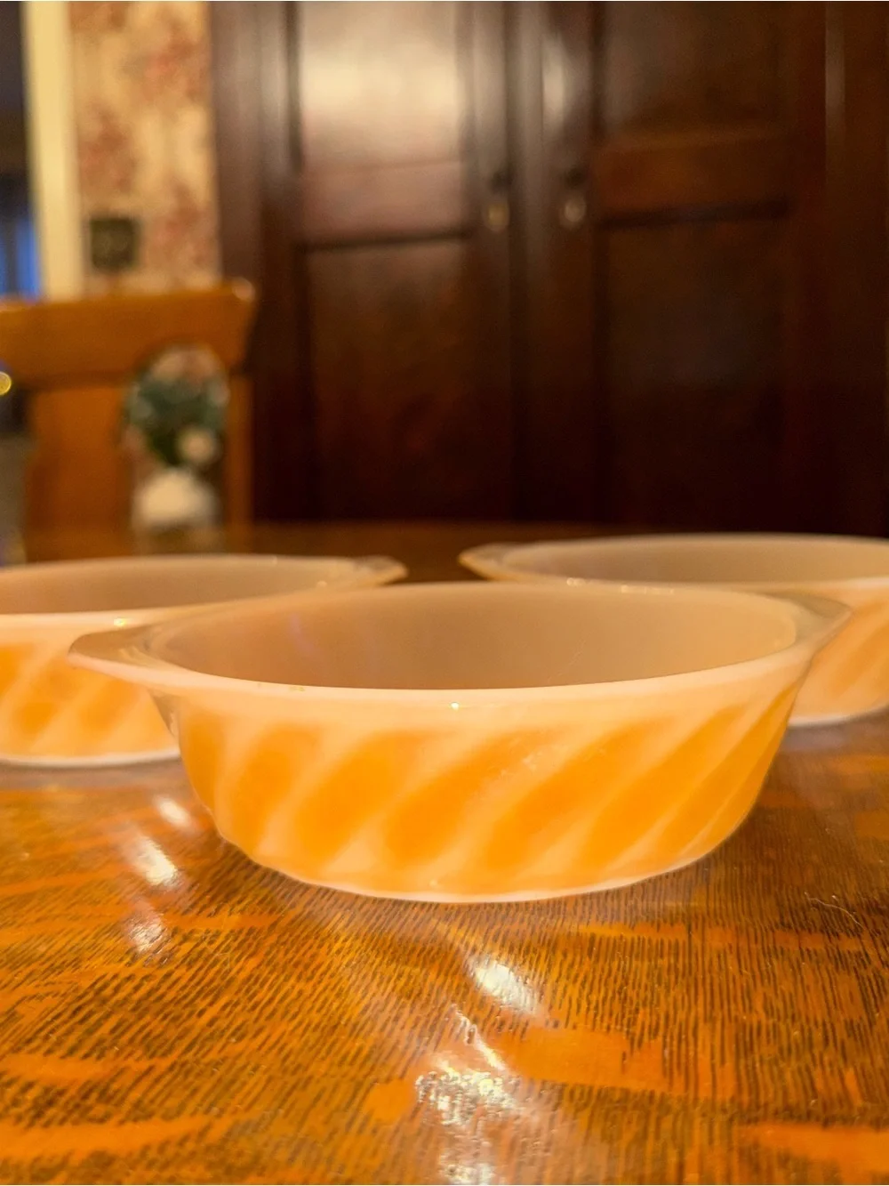 Vintage Anchor Hocking Fire-King Peach Lustre Swirl Bowls Set of 3 MCM